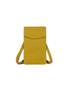 A small mustard yellow leather crossbody phone pouch with a flap top and a subtle embossed logo near the bottom right, shown on a plain white background.