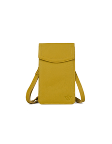A small mustard yellow leather crossbody phone pouch with a flap top and a subtle embossed logo near the bottom right, shown on a plain white background.