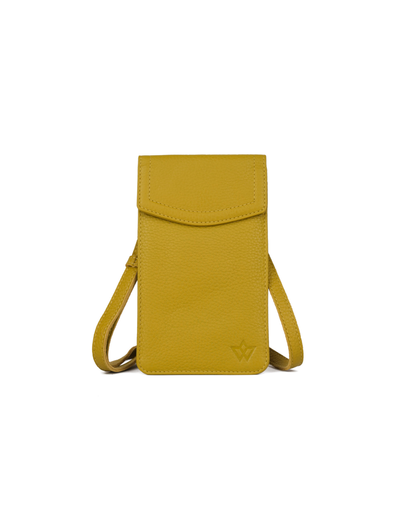 A small mustard yellow leather crossbody phone pouch with a flap top and a subtle embossed logo near the bottom right, shown on a plain white background.