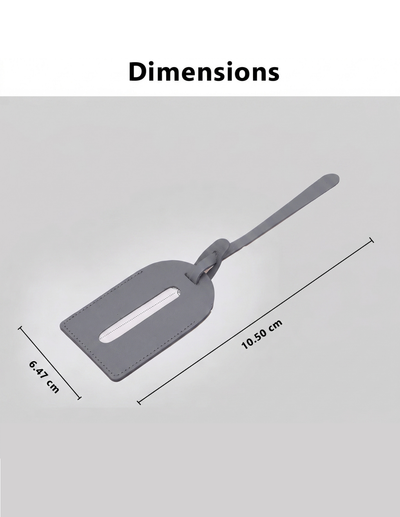 A gray leather luggage tag with a strap, shown on a light gray background with dimension lines and text indicating measurements of 6.47 cm by 10.
