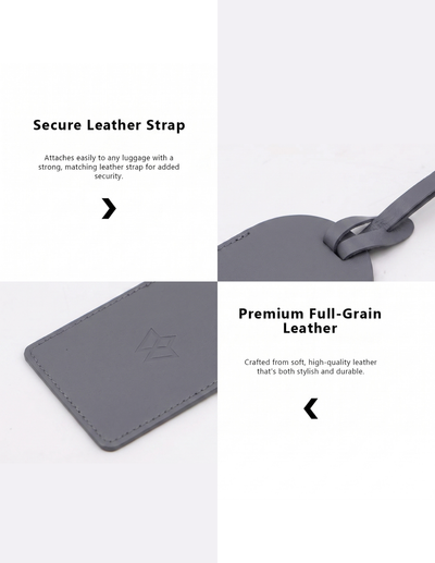 A four-panel product feature graphic for a gray leather luggage tag. The panels show close-up views of the tag and strap with text callouts reading 'Secure Leather Strap' and 'Premium Full-Grain Leather' on a white background.
