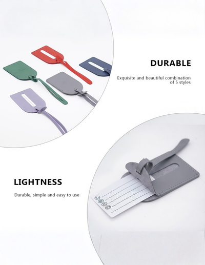 A set of luggage tags shown in two circular inset photos with marketing text. The top inset shows several color options: green, red, gray, and lavender, labeled 'DURABLE' with the subtitle 'Exquisite and beautiful combination of 3 styles.