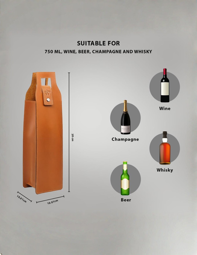 A tan leather wine bottle carrier with dimension markings showing 16 x 10.8 cm, shown on a gray background with text stating 'SUITABLE FOR 750 ML, WINE, BEER, CHAMPAGNE AND WHISKY' and small bottle icons for wine, champagne, beer, and whisky.