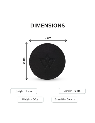 A black round disc-shaped product centered on a white background with dimension labels showing 9 cm height, 9 cm length, and 0.4 cm breadth, plus a top heading reading DIMENSIONS.