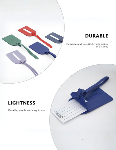 A set of minimalist luggage tags shown in two circular inset photos with text callouts. The top-left inset shows five colored tags in green, red, blue, and lavender on a white background, labeled 'DURABLE' with the subtitle 'Exquisite and beautiful combination of 3 styles.