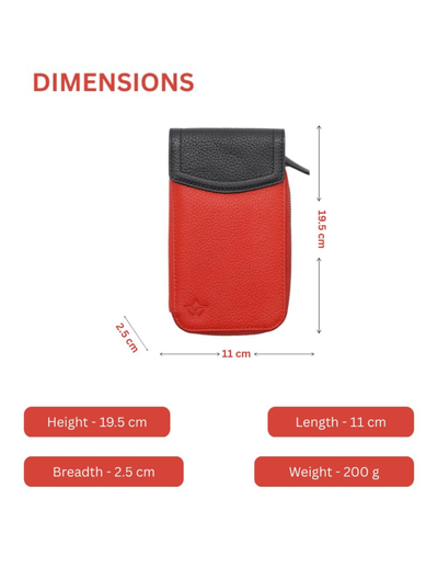 A red and black textured pouch with dimension labels showing height 19.5 cm, width 11 cm, and depth 2.
