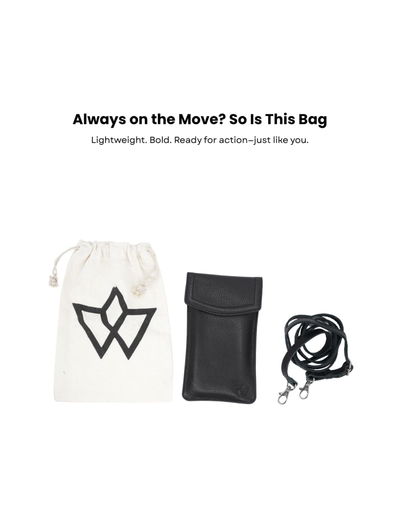 A white drawstring pouch with a black geometric logo, a black leatherette sleeve, and a black strap with metal clips, displayed on a white background with the text 'Always on the Move? So Is This Bag'.
