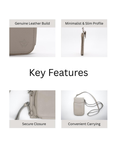 A product feature infographic for a taupe leather wristlet pouch, showing four panels with labels: 'Genuine Leather Build,' 'Minimalist & Slim Profile,' 'Secure Closure,' and 'Convenient Carrying,' with a central heading 'Key Features.'.