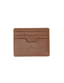 A brown leather card holder wallet with a debossed logo on the front, shown against a plain white background.