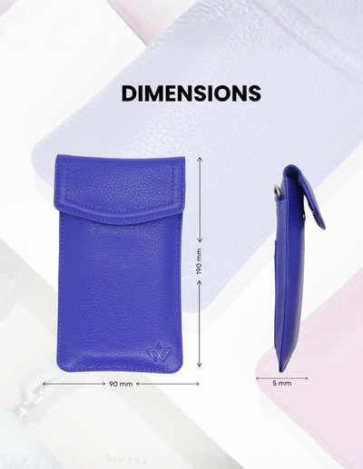 A blue textured leather card sleeve or phone pouch shown with dimension annotations: front view labeled 90 mm by 100 mm and side profile labeled 5 mm, under the heading 'DIMENSIONS'.