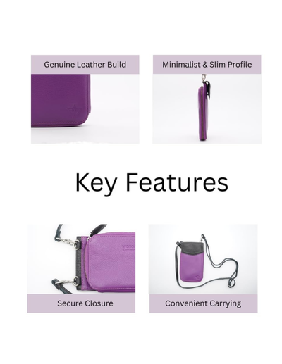 A product feature infographic for a purple leather crossbody wallet. The layout shows four panels labeled 'Genuine Leather Build', 'Minimalist & Slim Profile', 'Secure Closure', and 'Convenient Carrying' on a white background with a central 'Key Features' heading.