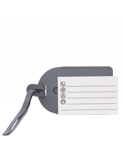 A gray leather luggage tag with a white paper insert showing printed icons and dotted lines for writing, set against a plain white background.