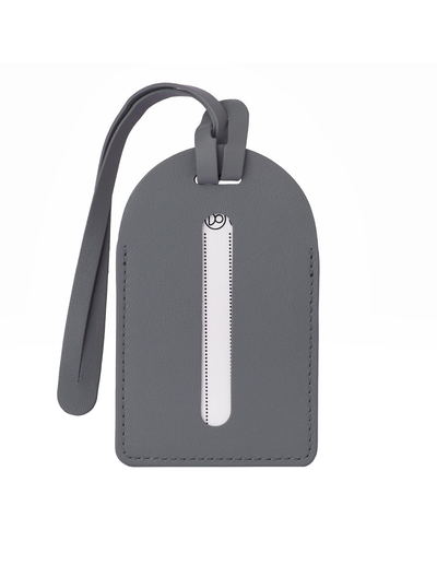 A dark gray leather luggage tag with a matching wrist strap and a vertical silver zipper, shown on a plain white background.
