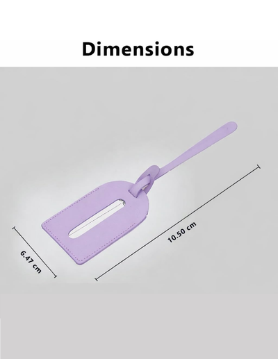 A lavender purple luggage tag with a white cutout in the center, shown with dimension lines and text indicating its measurements of 10.50 cm by 6.