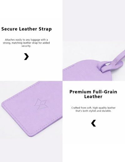 A four-panel product feature graphic for a light purple luggage tag. The panels show close-up views of the leather strap attachment, the tag body, and text callouts reading 'Secure Leather Strap' and 'Premium Full-Grain Leather' on a white background.