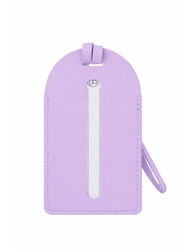 A light purple leather luggage tag with a vertical white zipper, a top loop, and a matching wristlet strap, shown on a plain white background.