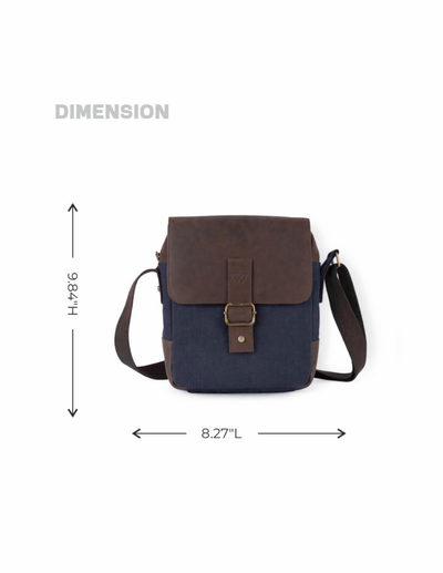 A navy blue and brown crossbody bag with a brown flap and strap, shown on a white background with dimension arrows and labels indicating 9.84" height and 8.