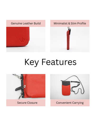 A feature infographic for a red leather key pouch, showing four panels with text labels: 'Genuine Leather Build,' 'Minimalist & Slim Profile,' 'Secure Closure,' and 'Convenient Carrying,' centered around the heading 'Key Features.'.
