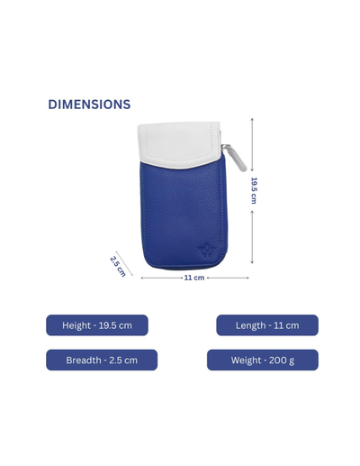 A blue and white zippered pouch shown with dimension labels and measurements on a white background, plus text listing height, length, breadth, and weight.