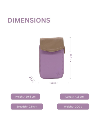 A purple and beige pouch with dimension labels showing height, width, and depth, plus size and weight details on a white background.