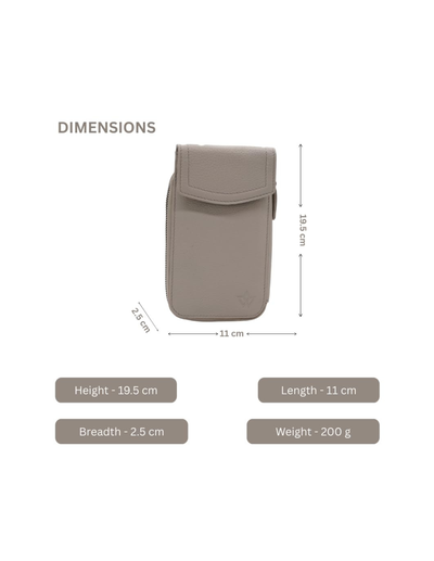 A taupe-gray utility pouch shown with dimension lines and labels indicating height, width, and depth, plus text listing measurements and weight on a plain white background.