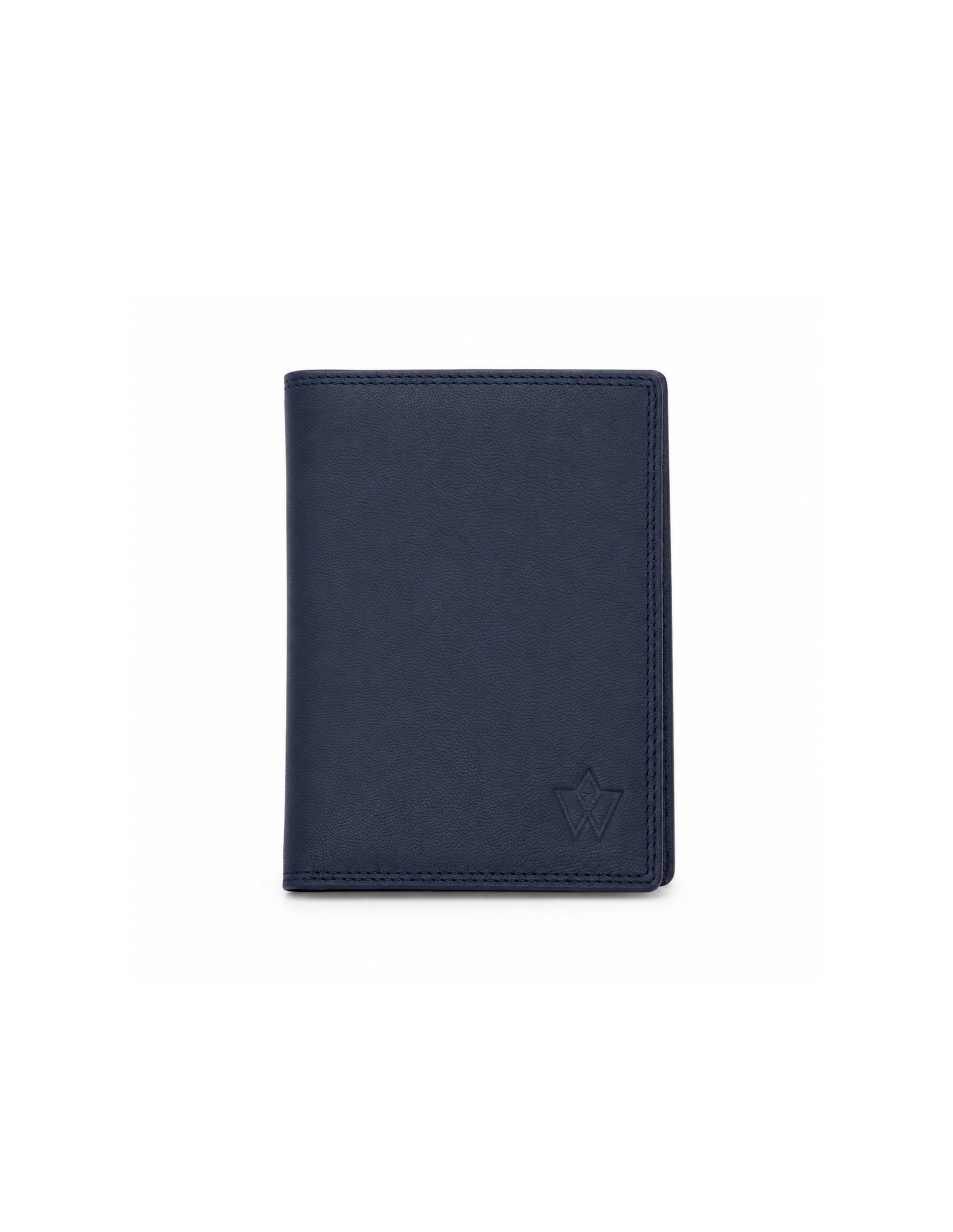 A dark navy blue leather passport cover or wallet with a debossed crown logo in the bottom right corner, shown on a plain white background.