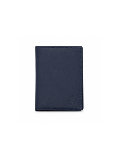 A dark navy blue leather passport cover or wallet with a debossed crown logo in the bottom right corner, shown on a plain white background.