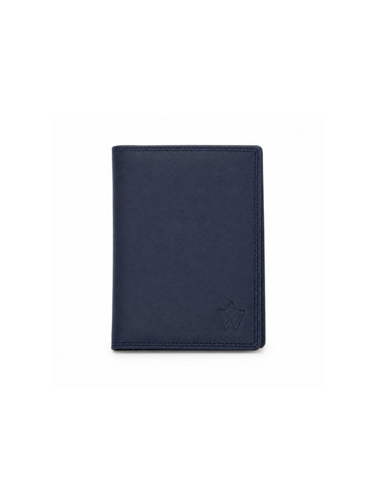 A dark navy blue leather passport cover or wallet with a debossed crown logo in the bottom right corner, shown on a plain white background.