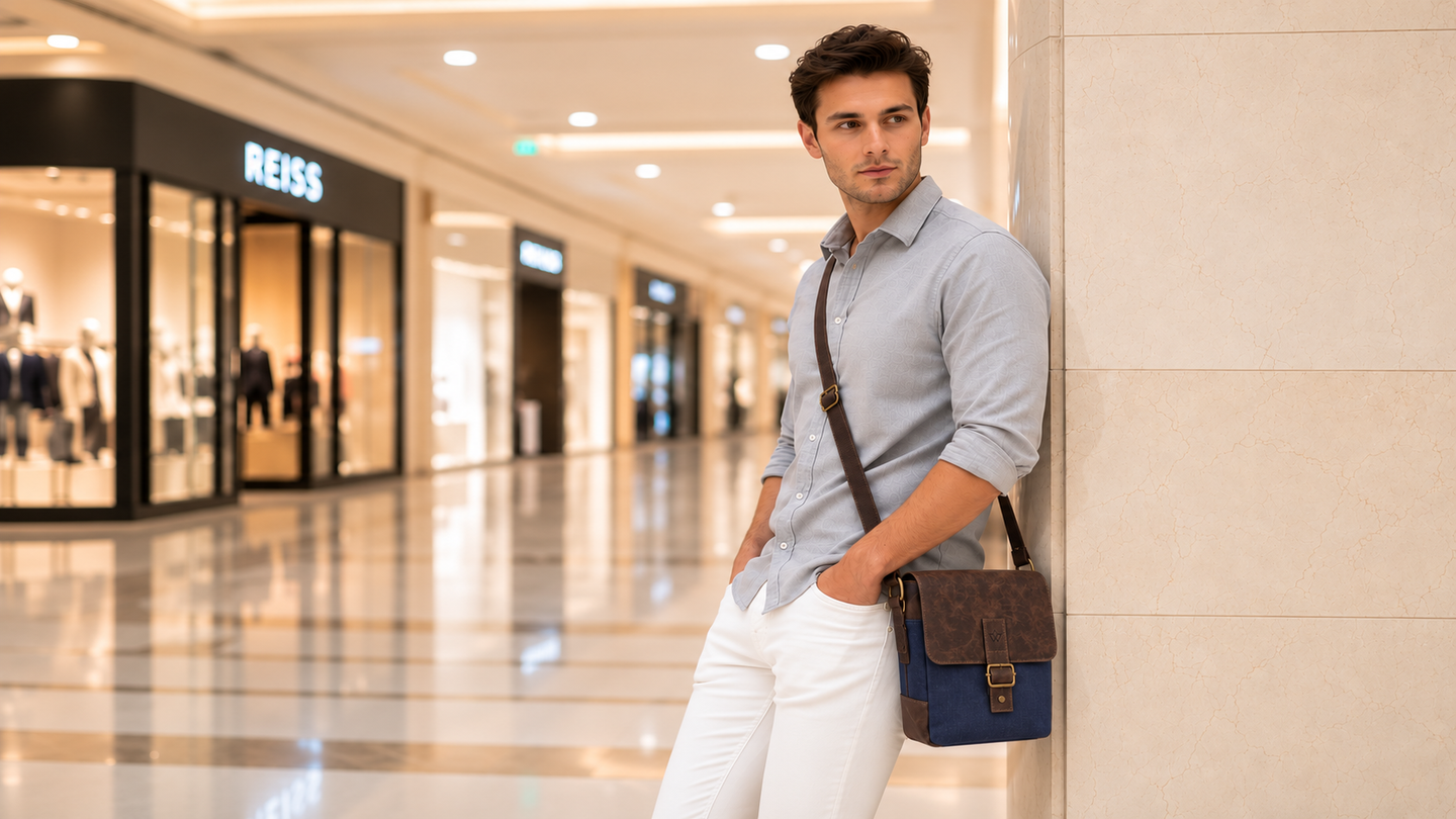 A man in a light blue button-down shirt and white pants leans against a beige stone wall in a shopping mall, carrying a dark brown and navy blue leather crossbody bag.