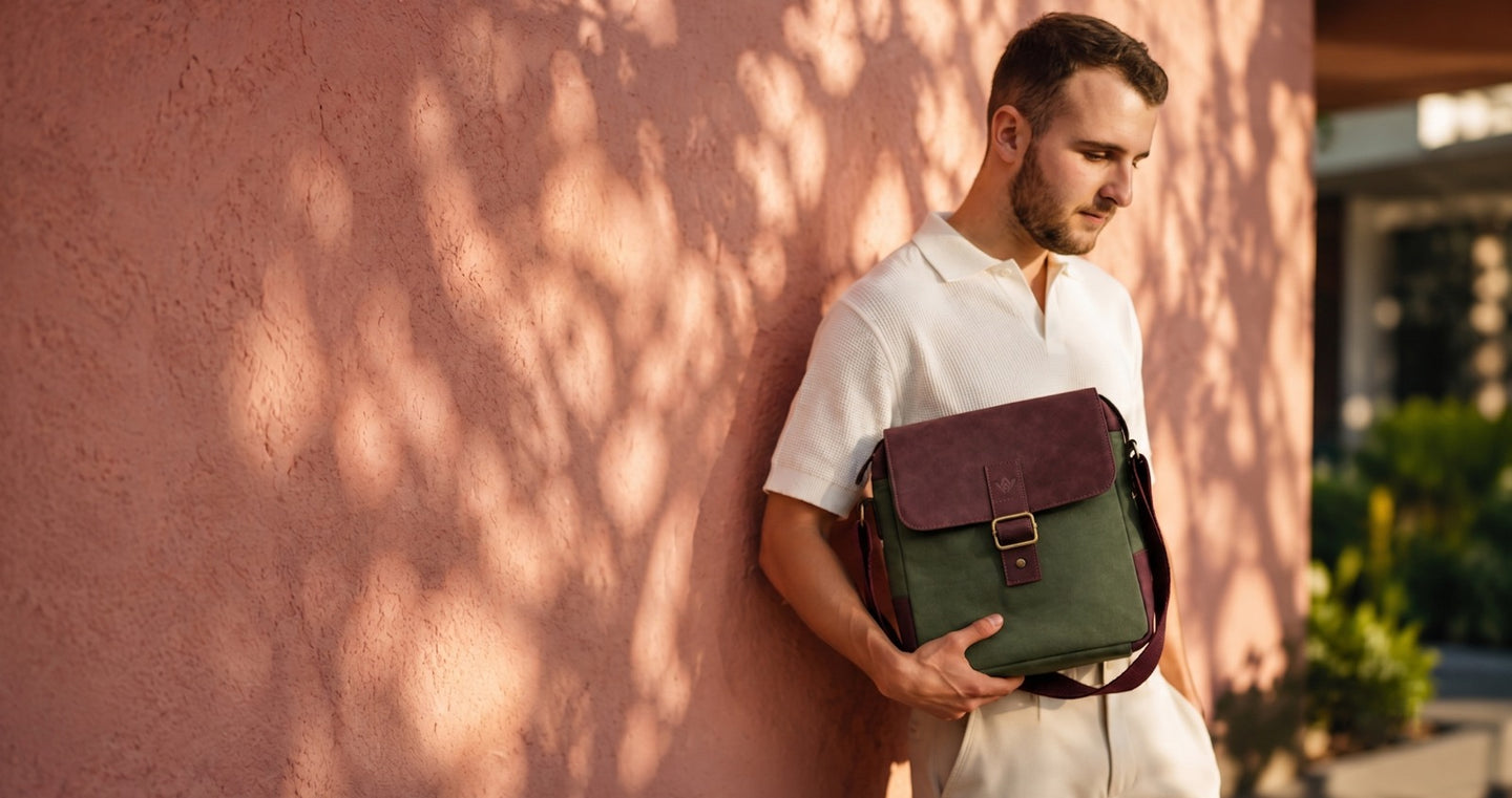 A man in a white polo shirt leans against a textured pink wall under dappled sunlight, holding a green and burgundy messenger bag.