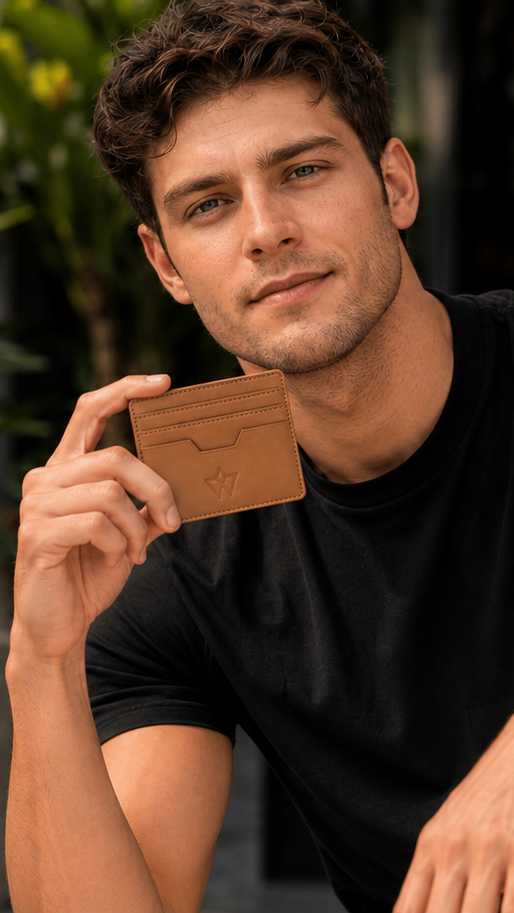 A man in a black t-shirt and light-colored pants sits outdoors, holding a brown leather card holder or wallet in his hand. He is wearing a black smartwatch on his wrist.