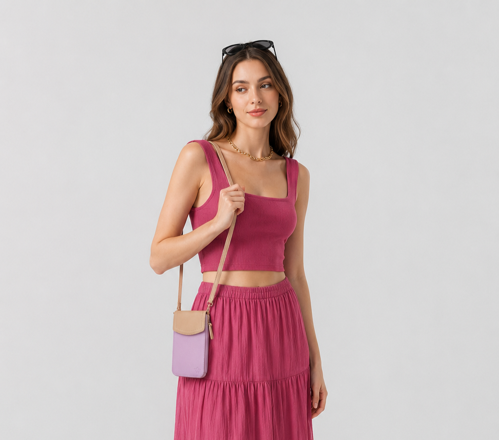 A woman modeling a matching two-piece outfit consisting of a magenta ribbed crop top and tiered maxi skirt, carrying a small lavender and beige crossbody bag against a solid light gray background.