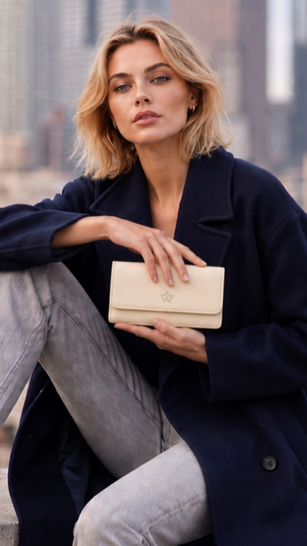 A woman sits on a rooftop ledge with a city skyline in the background, wearing a navy blue coat, light gray jeans, and black lace-up boots while holding a beige clutch bag.