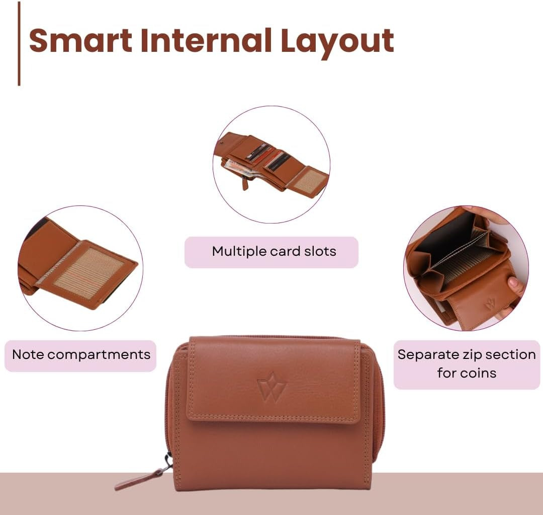 Genuine Leather Purses for Women, Real Leather RFID Protection Small Purse Wallet with Card and Zip Coin Pockets