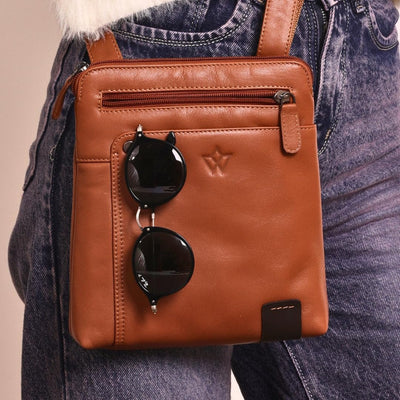 Genuine Leather Crossbody Bag | Soft Shoulder Handbag with Adjustable Strap and Multiple Compartments | (Brown)