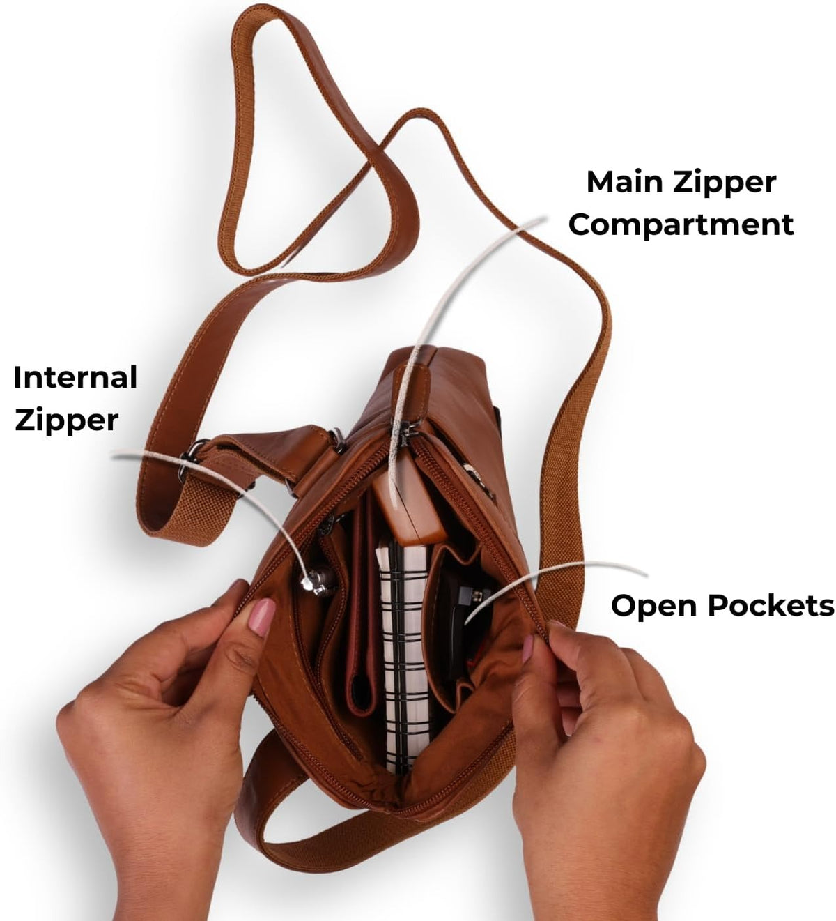 Genuine Leather Crossbody Bag | Soft Shoulder Handbag with Adjustable Strap and Multiple Compartments | (Brown)