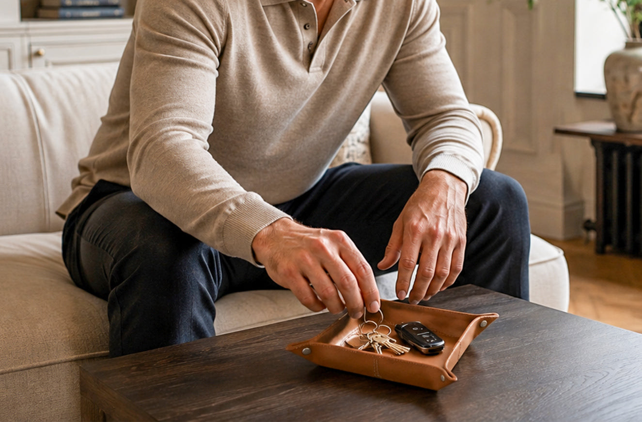 A man sitting on a beige sofa in a living room, placing keys into a small brown leather key tray resting on a dark wooden coffee table.