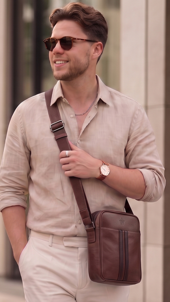 A man wearing sunglasses, a beige linen shirt, and cream trousers walks outdoors carrying a brown leather crossbody messenger bag over his shoulder.