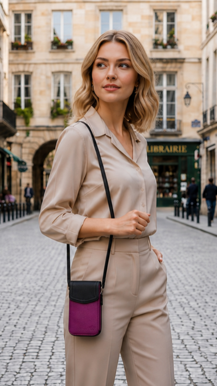 A woman stands on a cobblestone city street wearing a beige collared shirt and matching trousers, with a small black shoulder bag featuring a purple front pocket. Buildings, pedestrians, and storefronts are visible in the background.