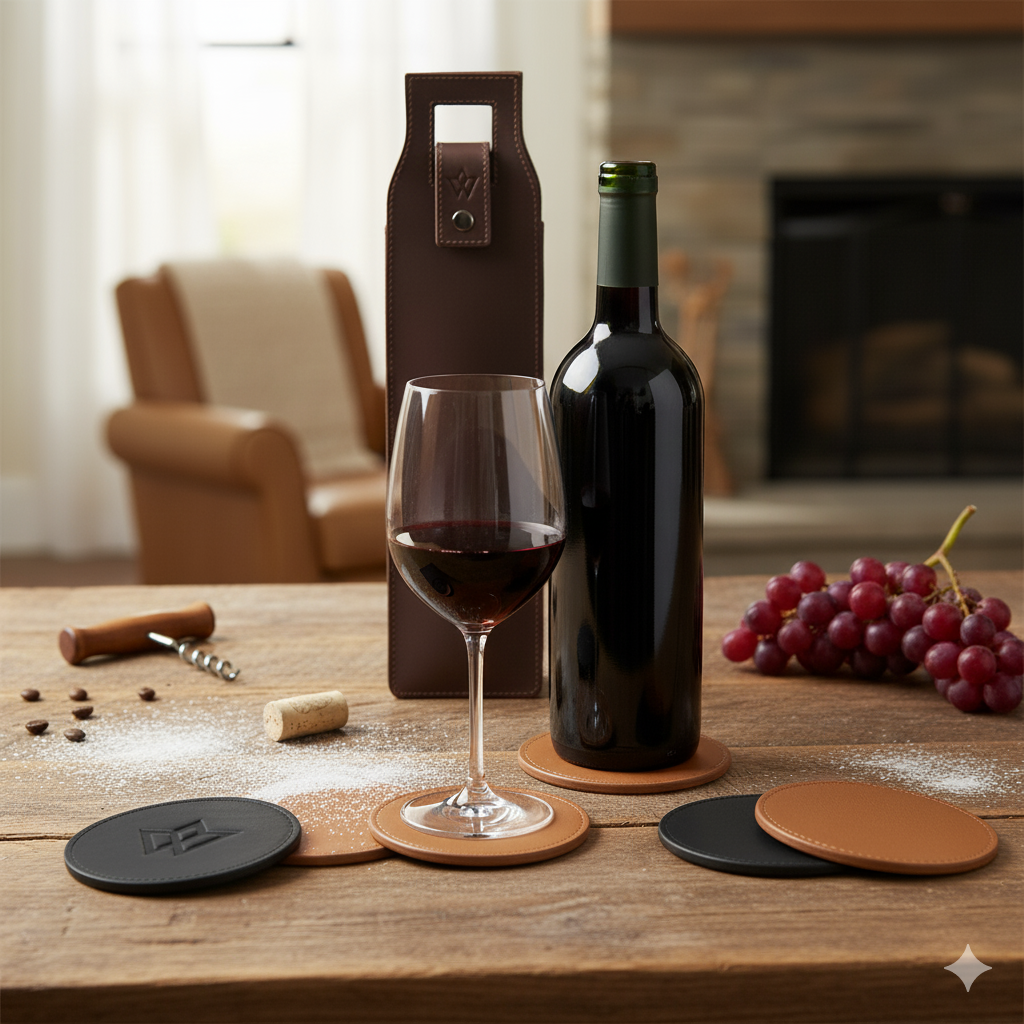 leather wine bag and leather coasters for christmas gift