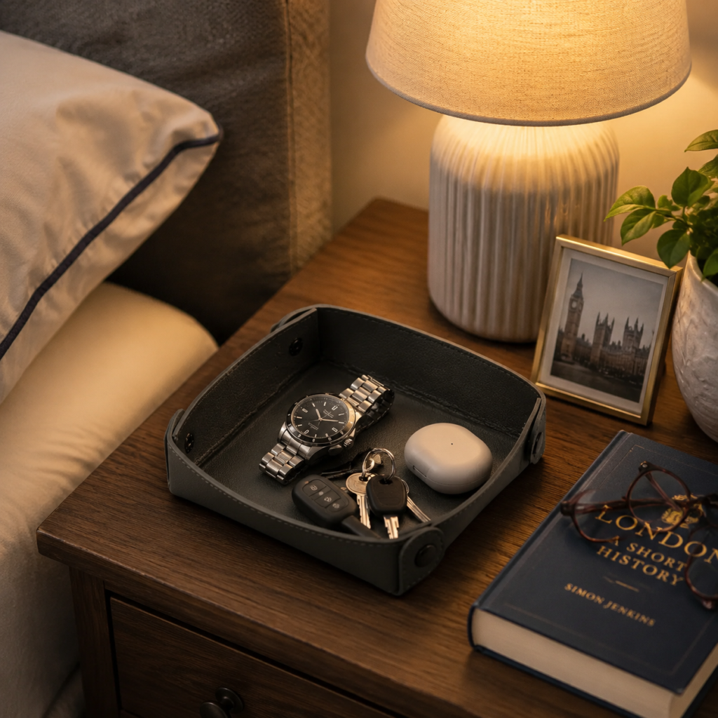 valet tray near the bed