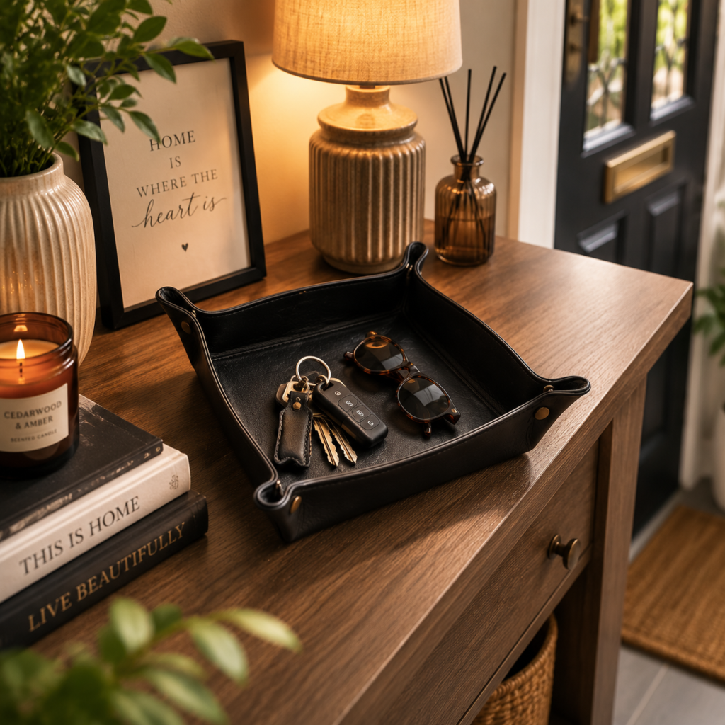 leather valet tray near the front door