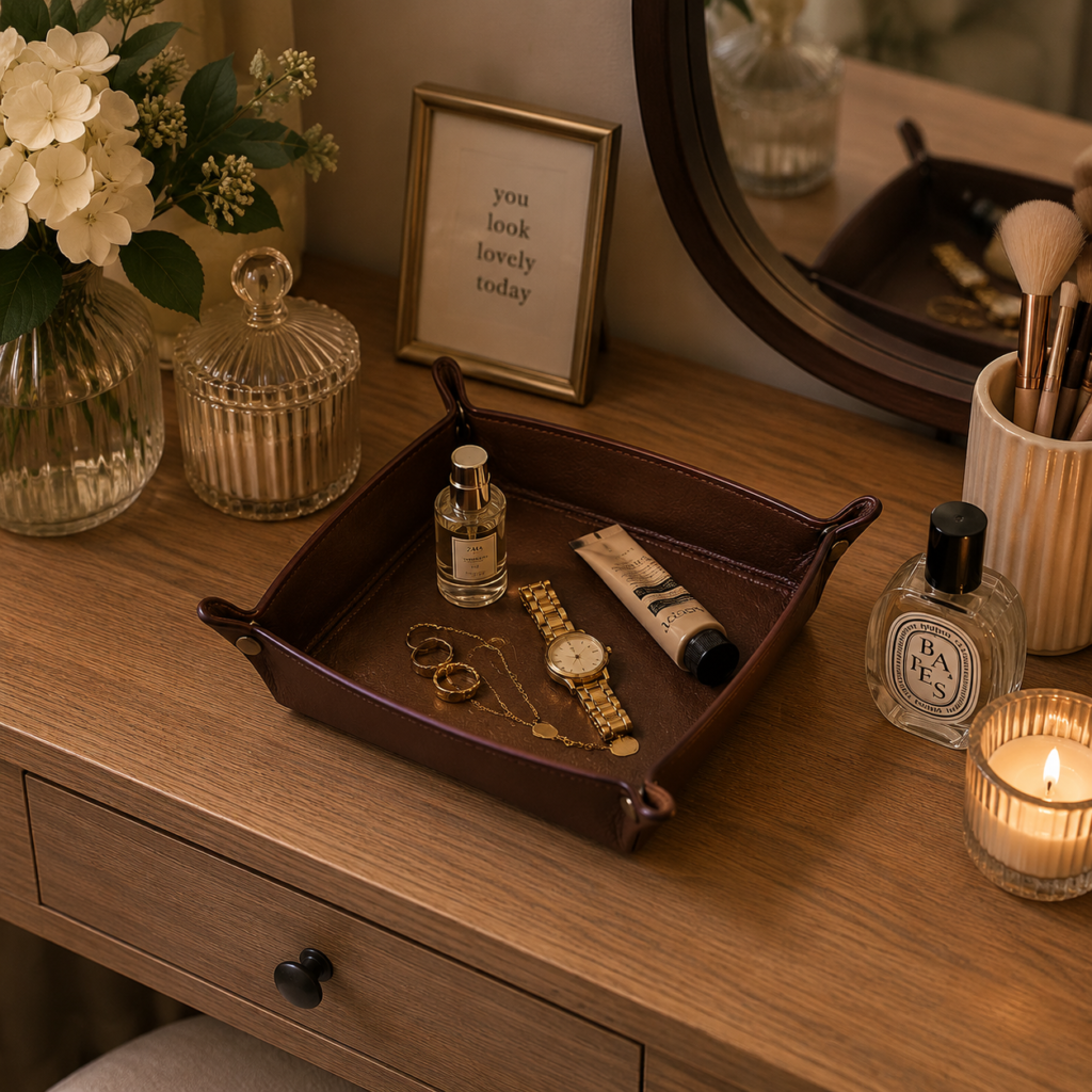 leather valet tray on the dressing table
