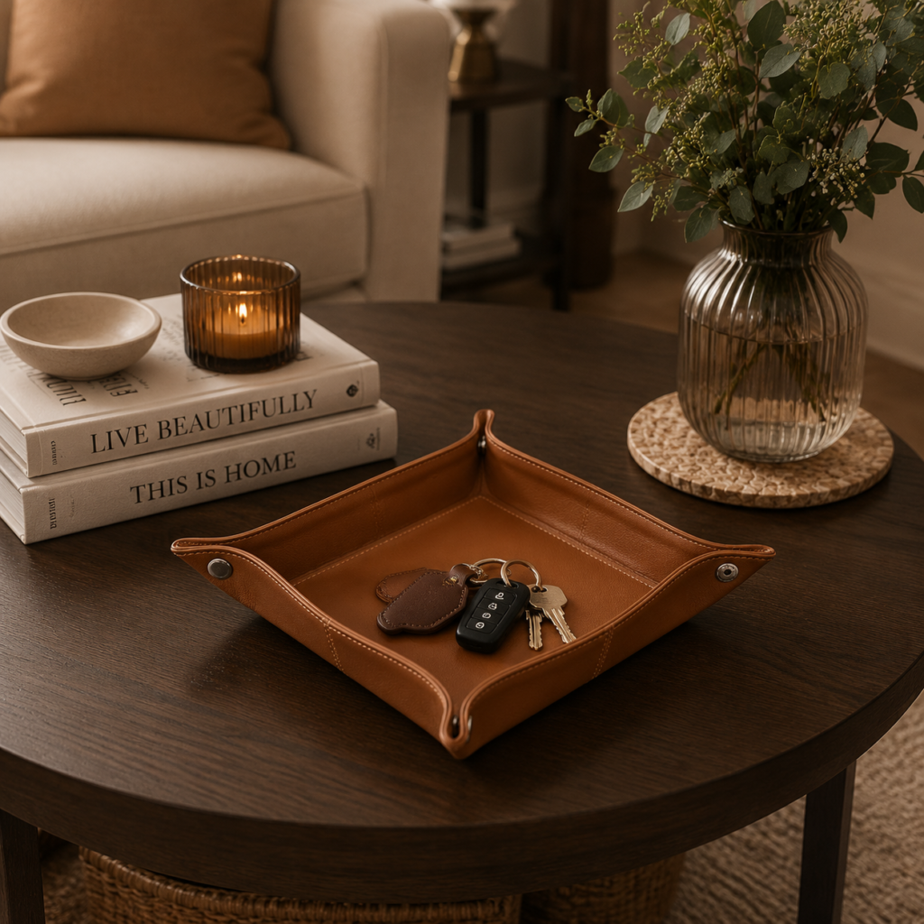 Leather valet tray in the living room